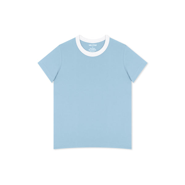 Damen T-Shirt Hellblau mit weißem Kragen im Regular Stil