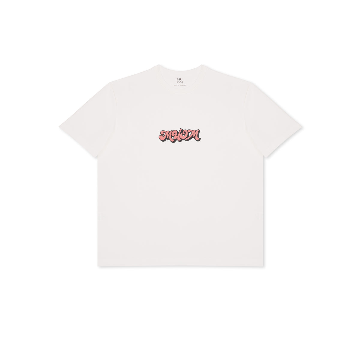 Weisses weit geschnittenes T-Shirt mit rosa schwarzem Graffiti Print auf Brustmitte