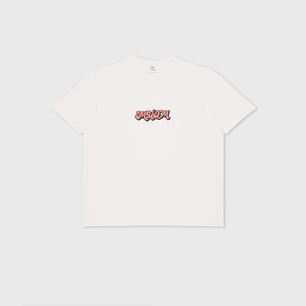 Weisses weit geschnittenes T-Shirt mit rosa schwarzem Graffiti Print auf Brustmitte