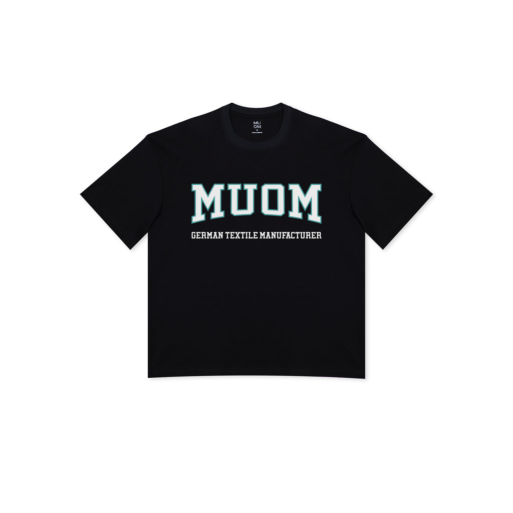Schwarzes T-Shirt mit College Print in Türkis weiss